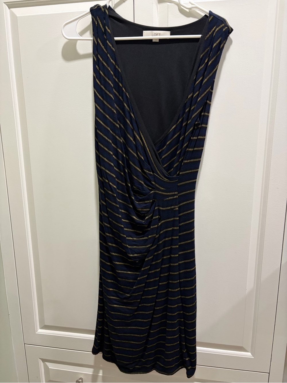 LOFT Navy with Metallic Gold Stripe Draped Midi Dress